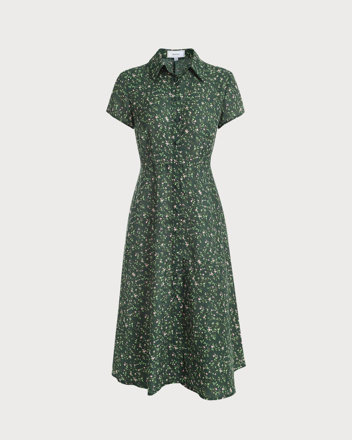 The Green Lapel Button Up Floral Midi Dress - Threadford