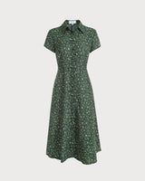 The Green Lapel Button Up Floral Midi Dress - Threadford