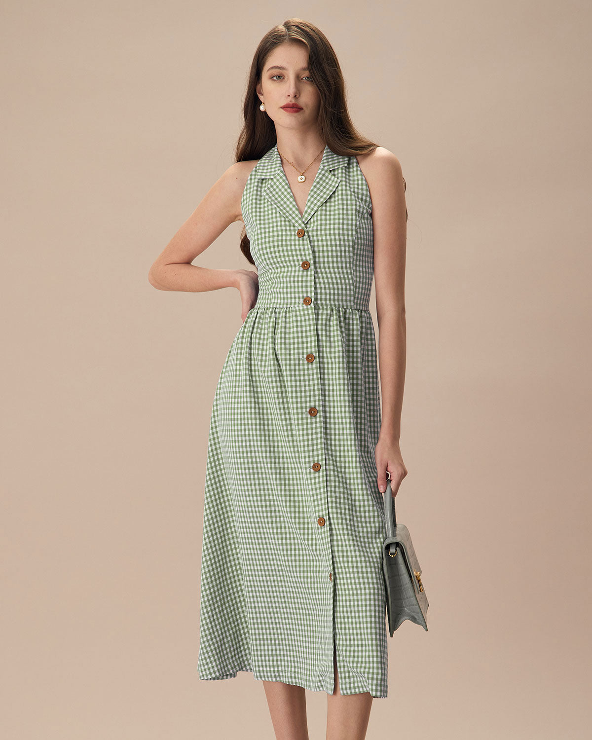 The Green Lapel Plaid Sleeveless Shirt Midi Dress - Threadford