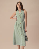 The Green Lapel Plaid Sleeveless Shirt Midi Dress - Threadford