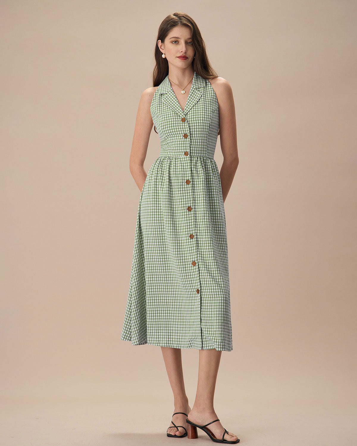 The Green Lapel Plaid Sleeveless Shirt Midi Dress - Threadford