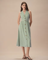 The Green Lapel Plaid Sleeveless Shirt Midi Dress - Threadford