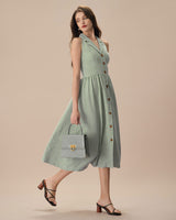 The Green Lapel Plaid Sleeveless Shirt Midi Dress - Threadford