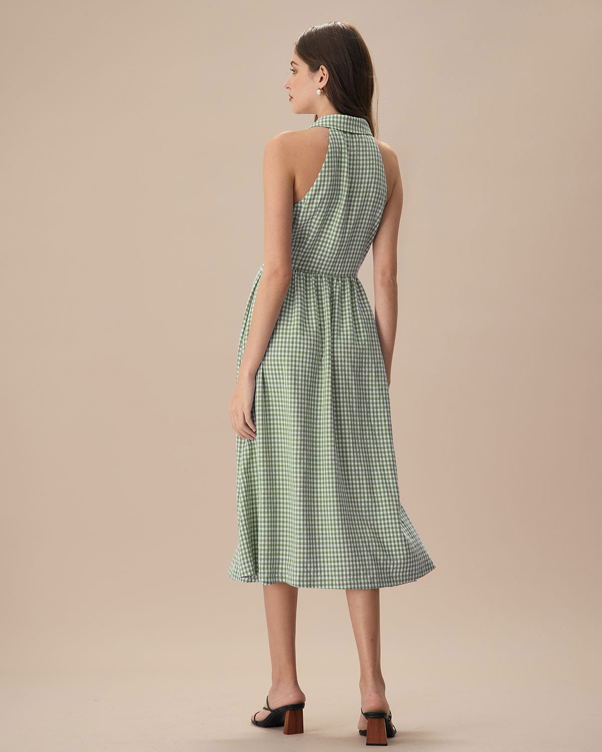 The Green Lapel Plaid Sleeveless Shirt Midi Dress - Threadford