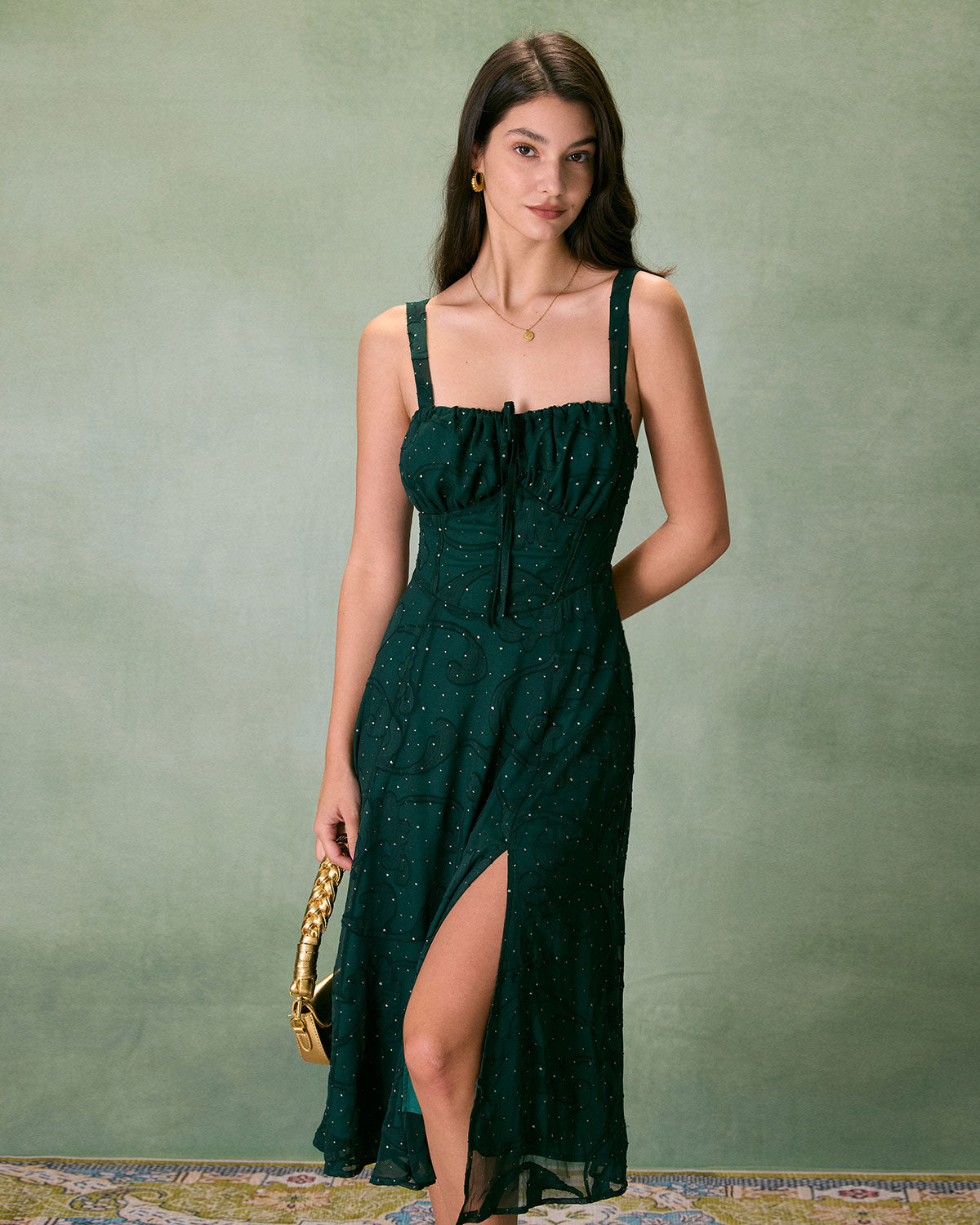 The Green Square Neck Jacquard Slit Midi Dress - Threadford