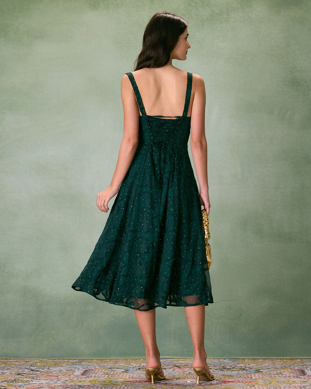 The Green Square Neck Jacquard Slit Midi Dress - Threadford