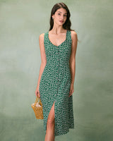 The Green V Neck Floral Button Midi Dress - Threadford