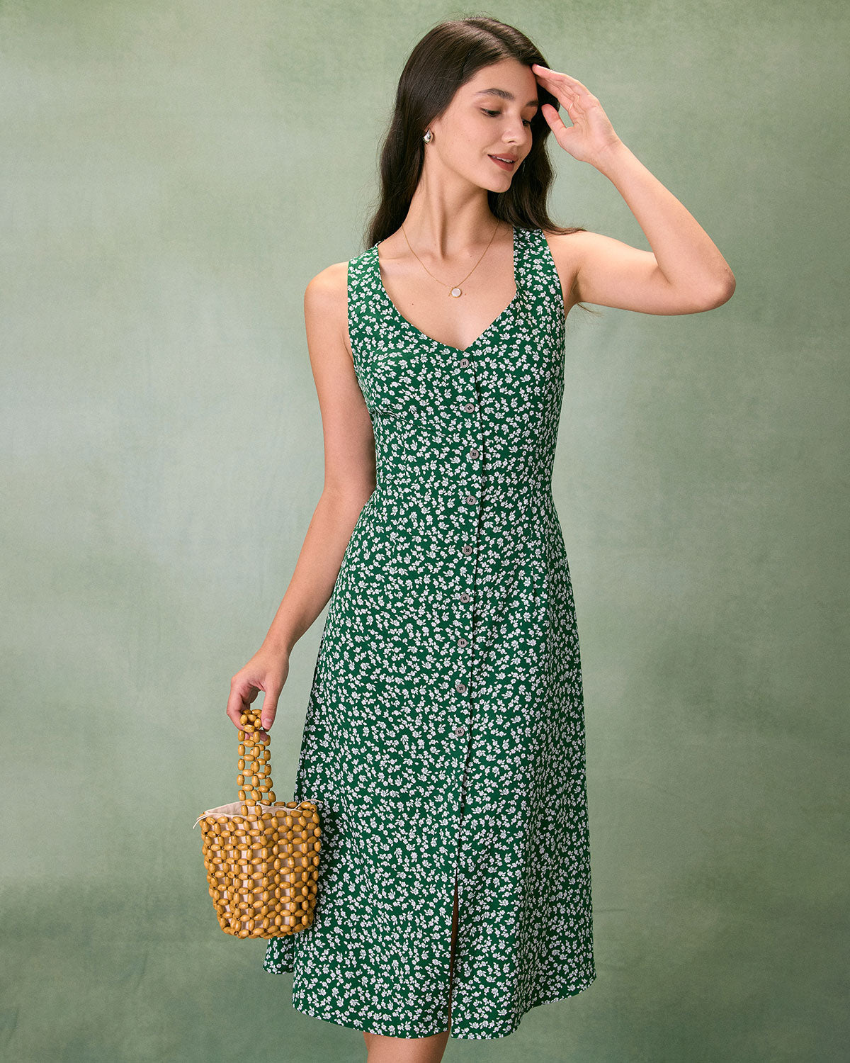 The Green V Neck Floral Button Midi Dress - Threadford