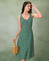 The Green V Neck Floral Button Midi Dress - Threadford