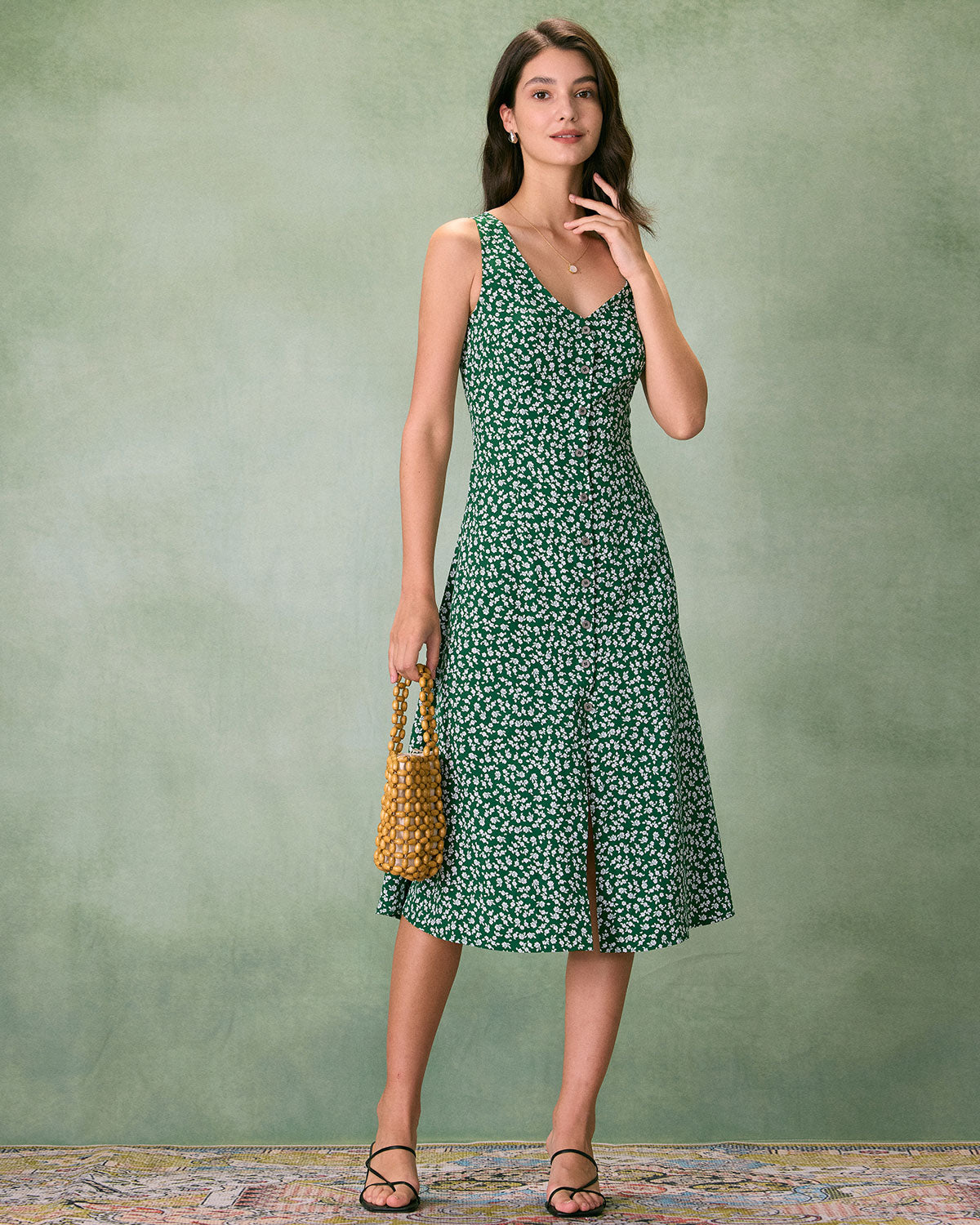 The Green V Neck Floral Button Midi Dress - Threadford