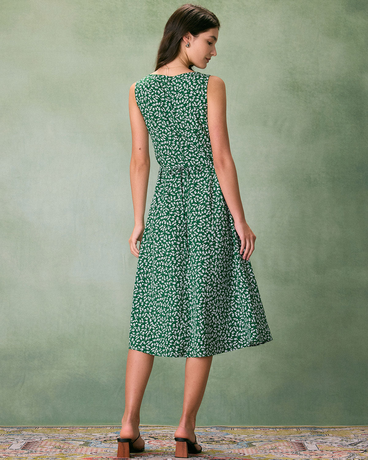 The Green V Neck Floral Button Midi Dress - Threadford
