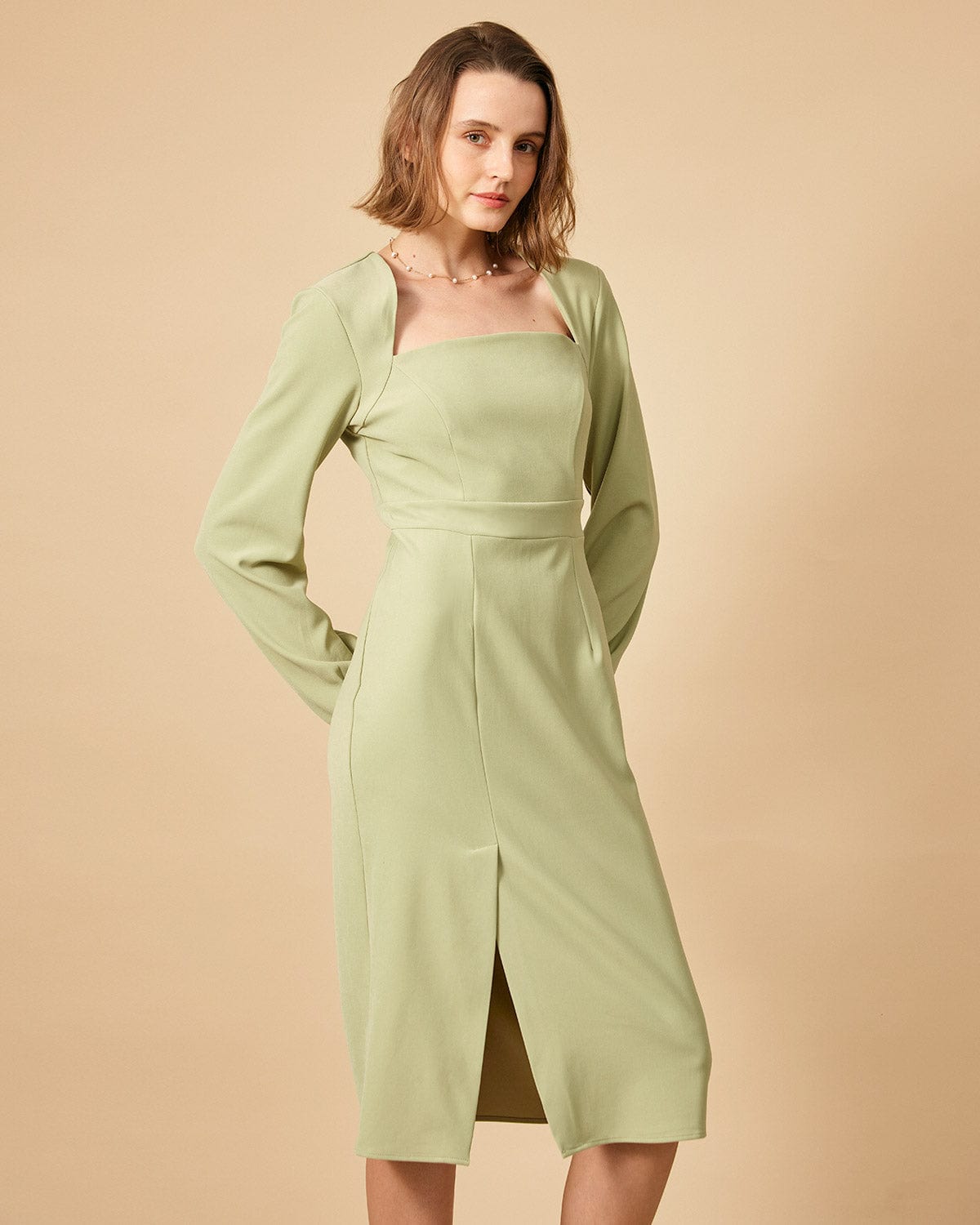 The Solid Square Neck Long Sleeve Dress - Threadford