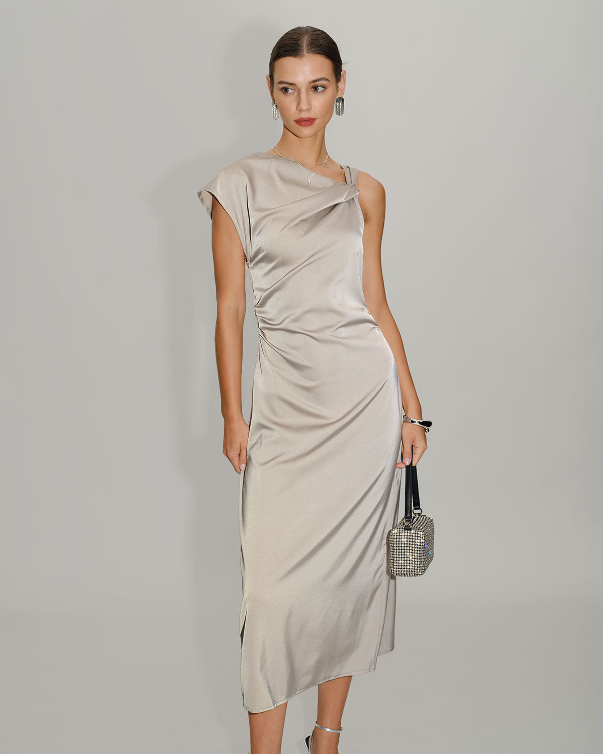 Grey Cowl Sleeve Asymmetrical Satin Midi Dress - Threadford