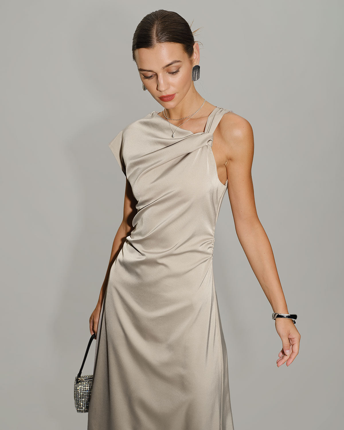 Grey Cowl Sleeve Asymmetrical Satin Midi Dress - Threadford