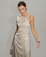 Grey Cowl Sleeve Asymmetrical Satin Midi Dress - Threadford