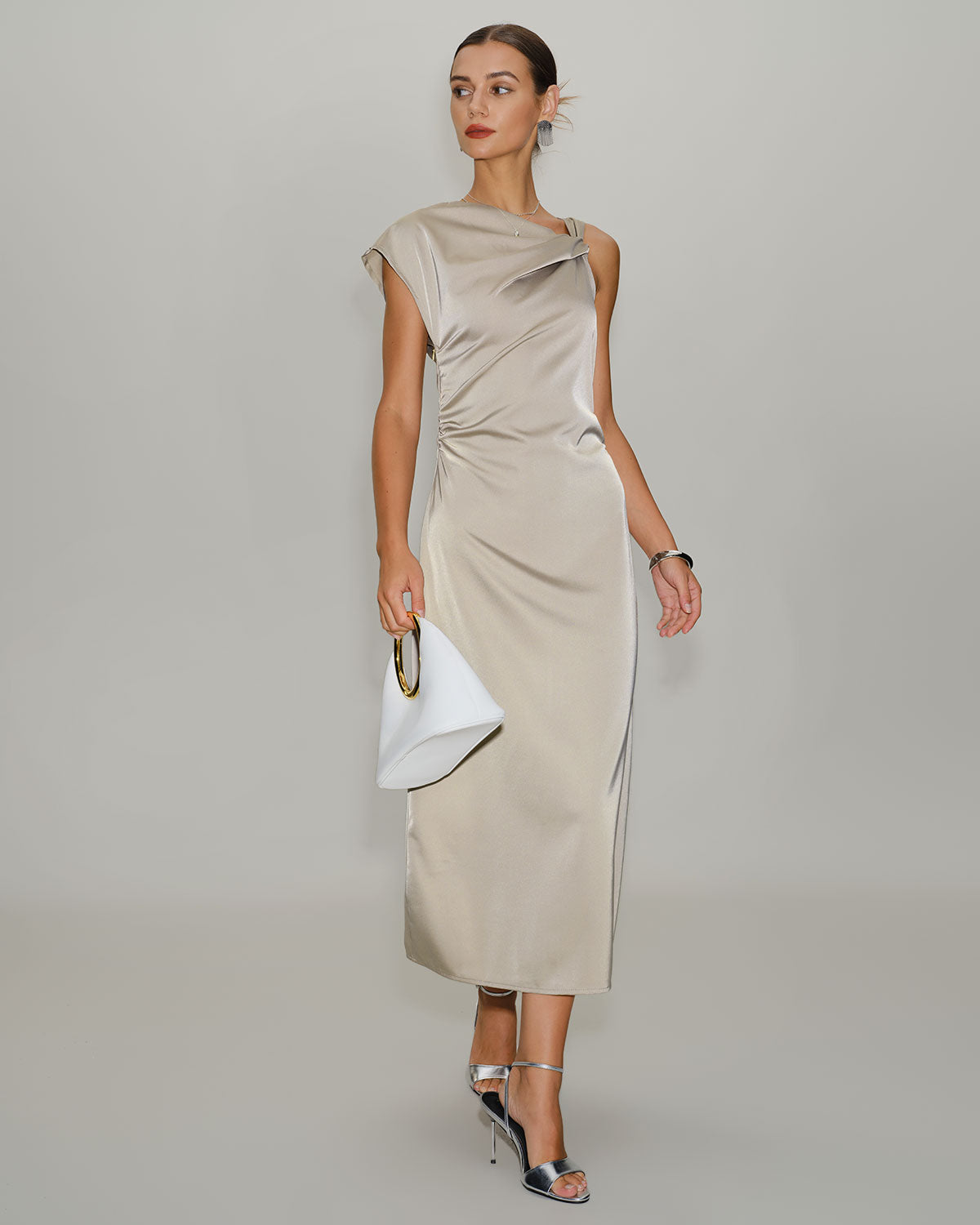 Grey Cowl Sleeve Asymmetrical Satin Midi Dress - Threadford