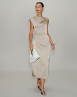 Grey Cowl Sleeve Asymmetrical Satin Midi Dress - Threadford