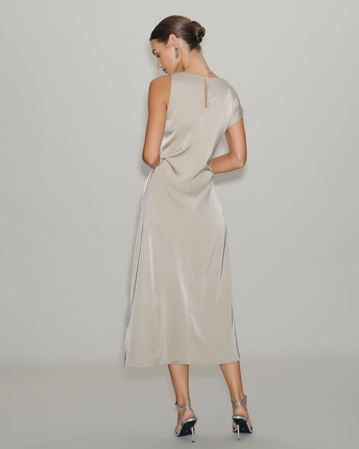Grey Cowl Sleeve Asymmetrical Satin Midi Dress - Threadford
