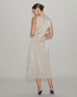 Grey Cowl Sleeve Asymmetrical Satin Midi Dress - Threadford