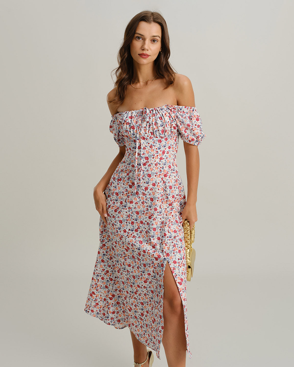 Grey Floral Square Neck Puffed Sleeve Midi Dress - Threadford