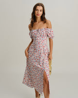 Grey Floral Square Neck Puffed Sleeve Midi Dress - Threadford