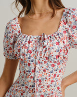 Grey Floral Square Neck Puffed Sleeve Midi Dress - Threadford