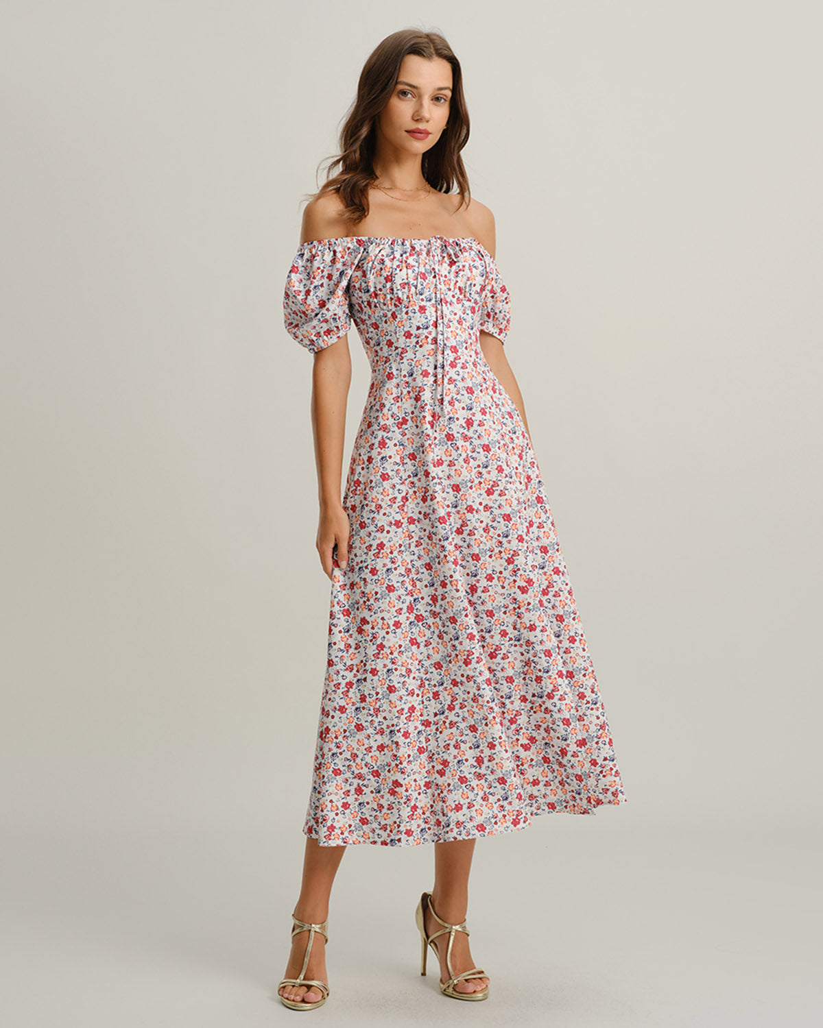 Grey Floral Square Neck Puffed Sleeve Midi Dress - Threadford