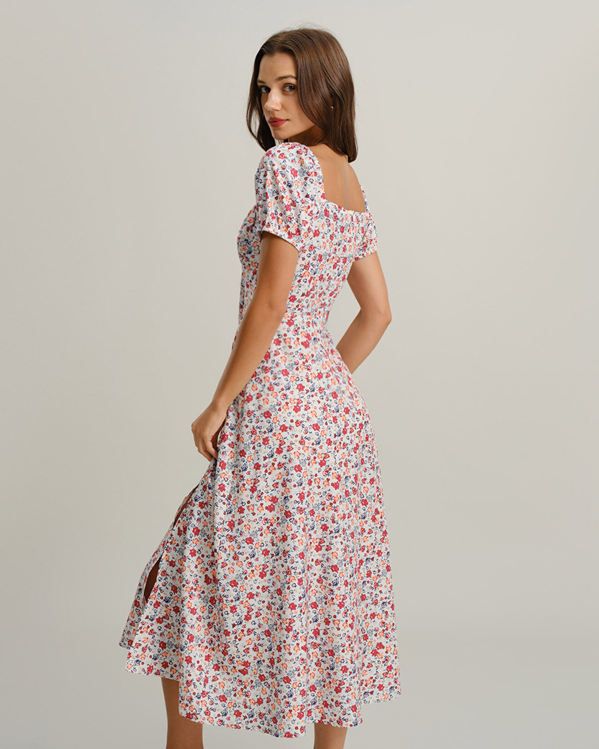 Grey Floral Square Neck Puffed Sleeve Midi Dress - Threadford