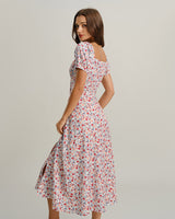 Grey Floral Square Neck Puffed Sleeve Midi Dress - Threadford