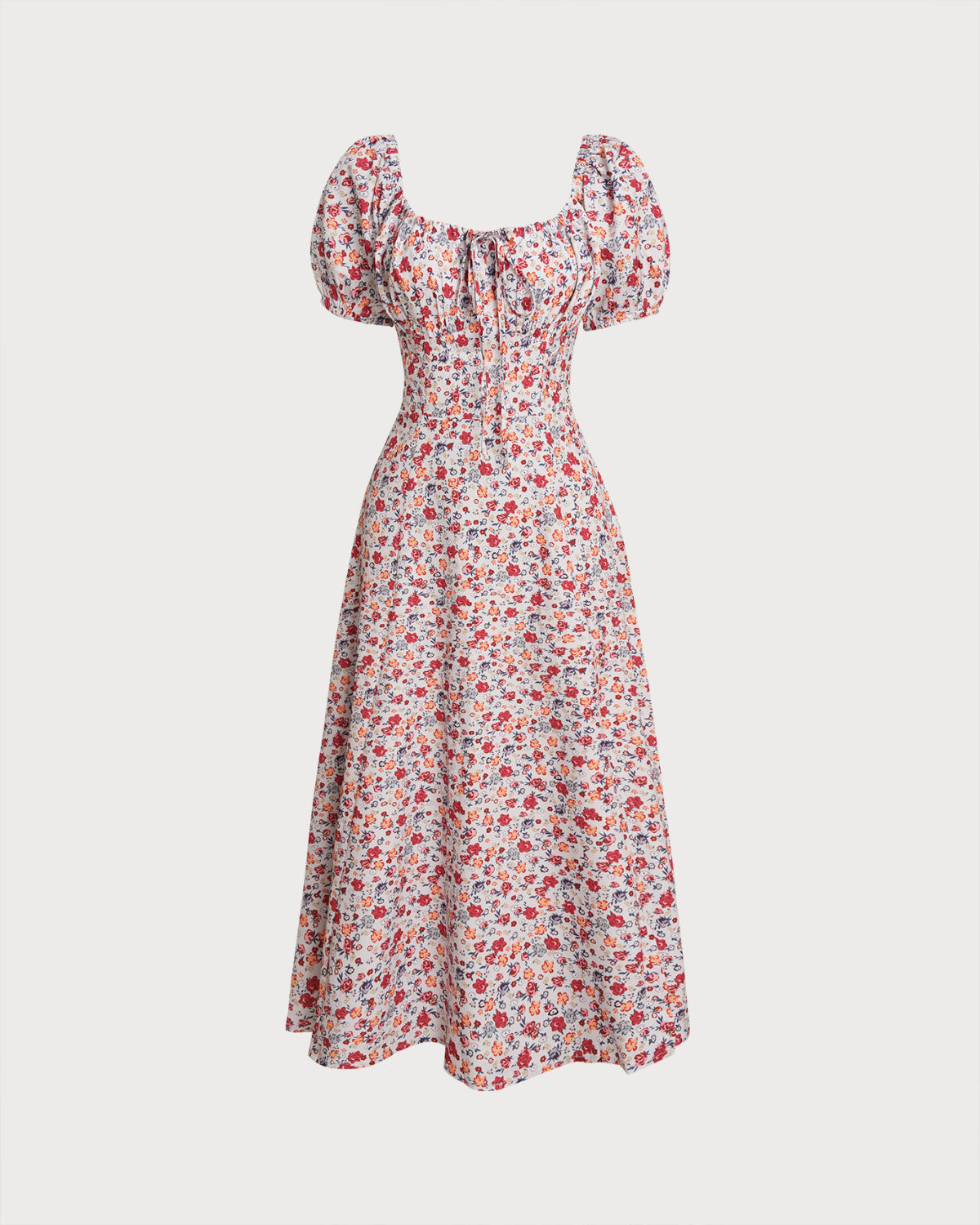 Grey Floral Square Neck Puffed Sleeve Midi Dress - Threadford