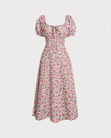 Grey Floral Square Neck Puffed Sleeve Midi Dress - Threadford