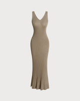 Khaki V Neck Sleeveless Bodycon Sweater Dress - Threadford