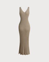 Khaki V Neck Sleeveless Bodycon Sweater Dress - Threadford