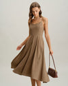Khaki A-Line Pleated Slip Midi Dress - Threadford