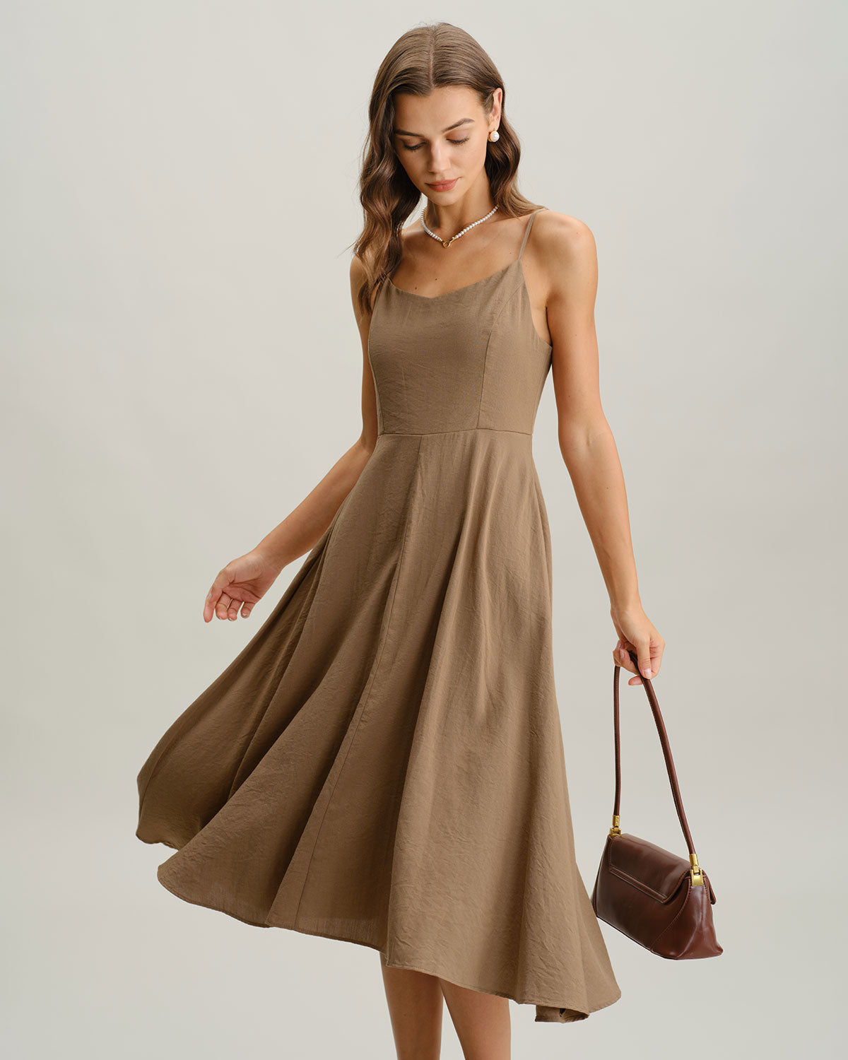Khaki A-Line Pleated Slip Midi Dress - Threadford