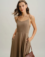 Khaki A-Line Pleated Slip Midi Dress - Threadford