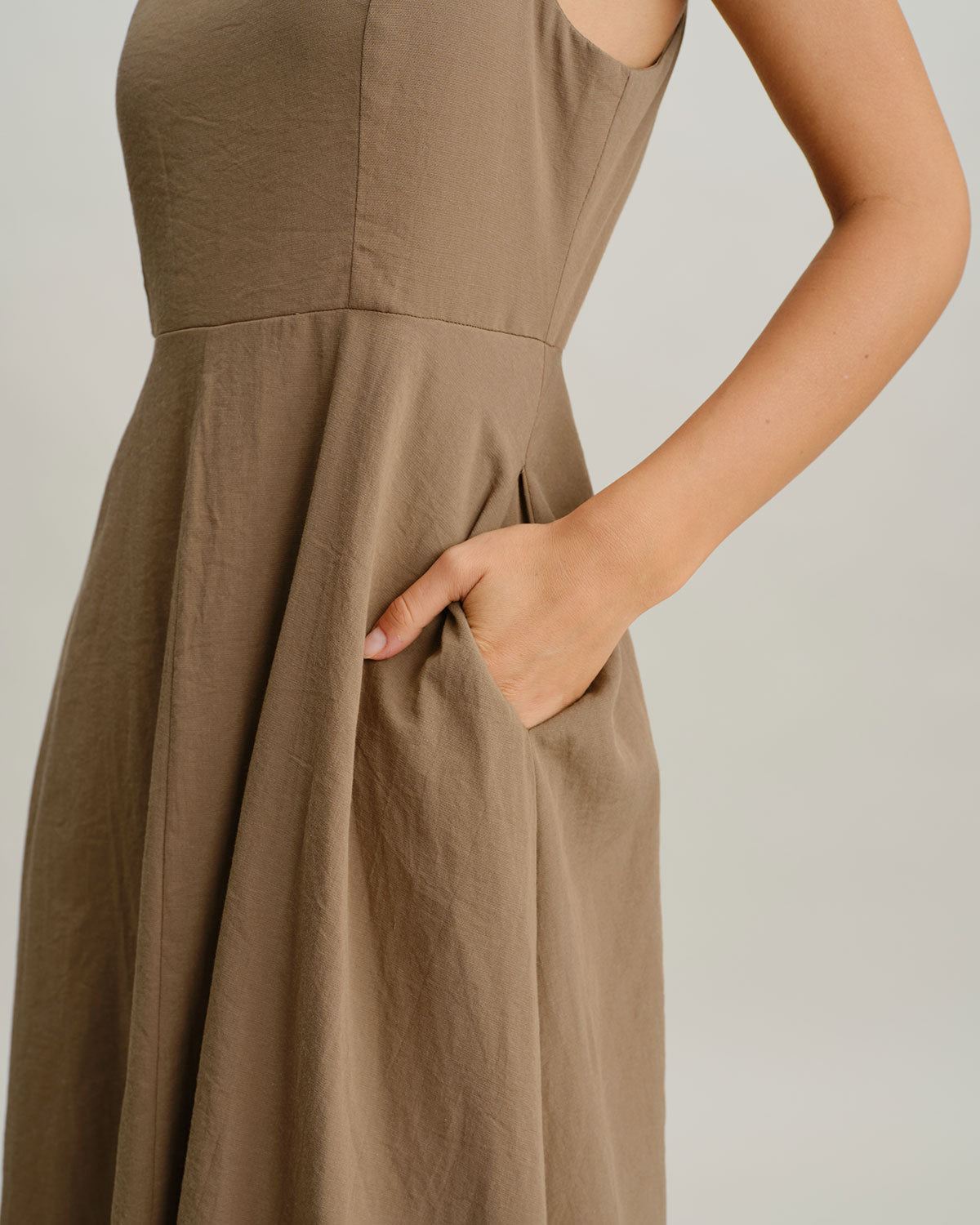 Khaki A-Line Pleated Slip Midi Dress - Threadford