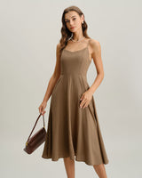 Khaki A-Line Pleated Slip Midi Dress - Threadford