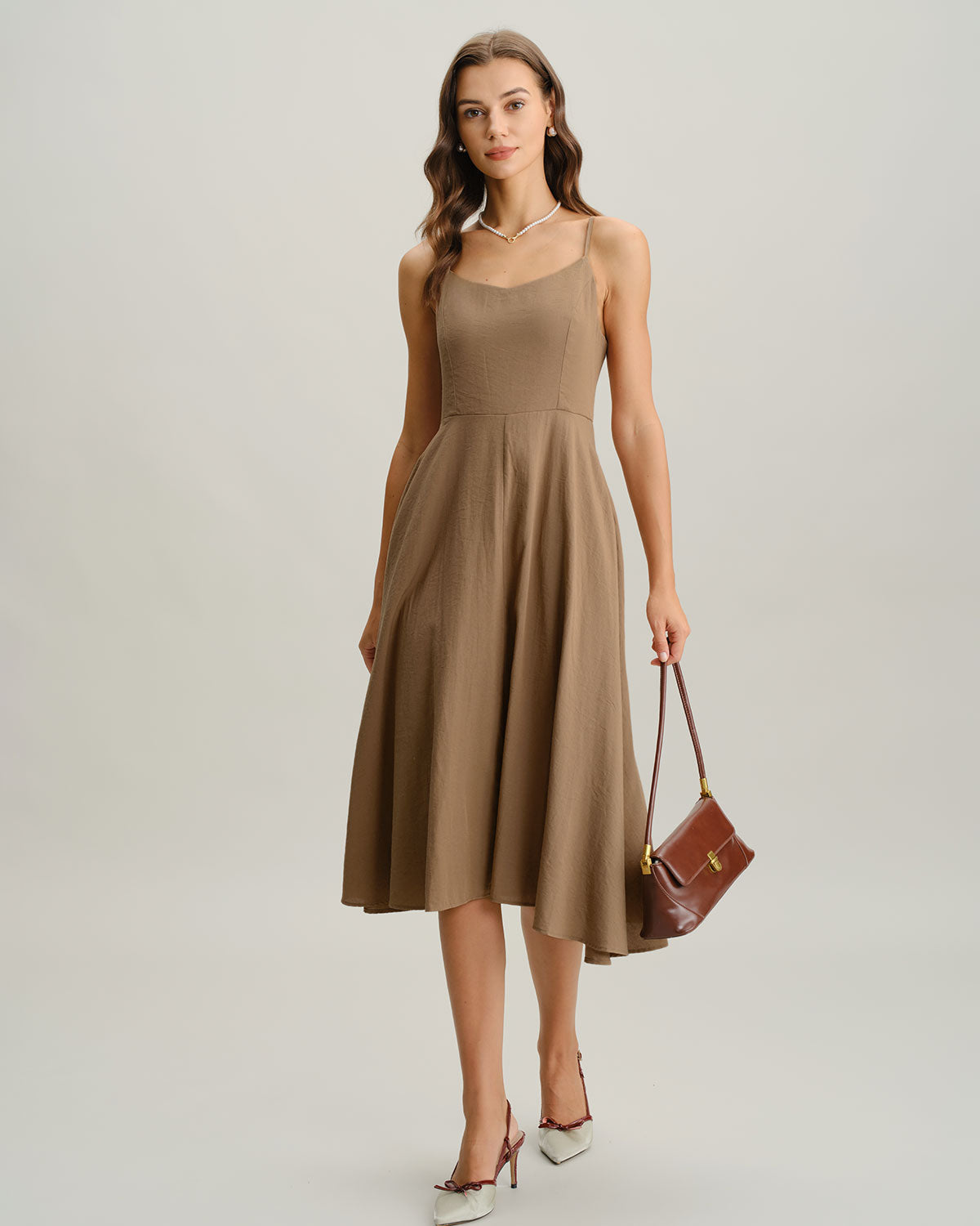 Khaki A-Line Pleated Slip Midi Dress - Threadford