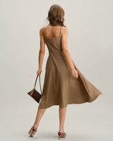 Khaki A-Line Pleated Slip Midi Dress - Threadford