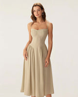 Khaki Square Neck Pocket Slip Midi Dress - Threadford