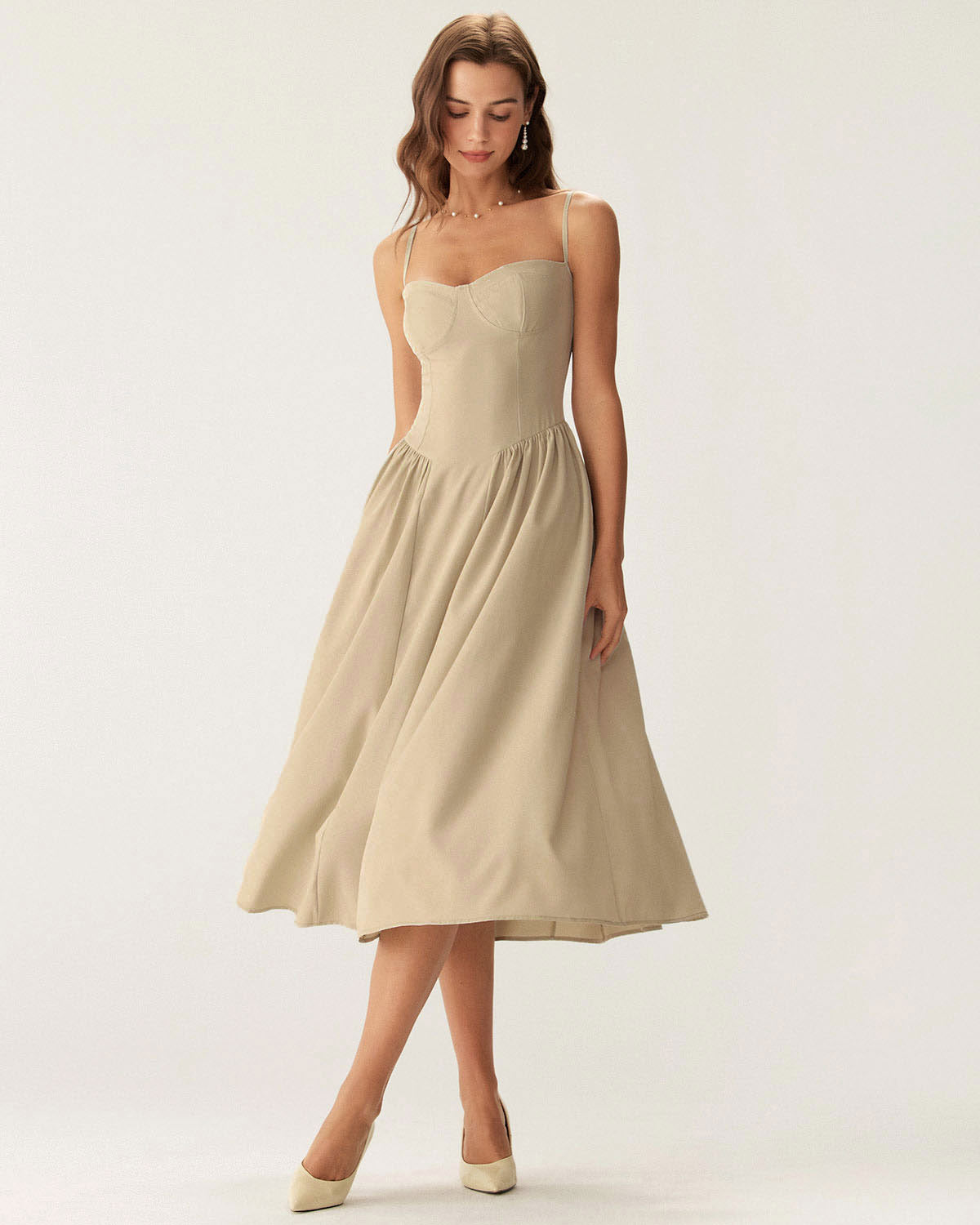 Khaki Square Neck Pocket Slip Midi Dress - Threadford
