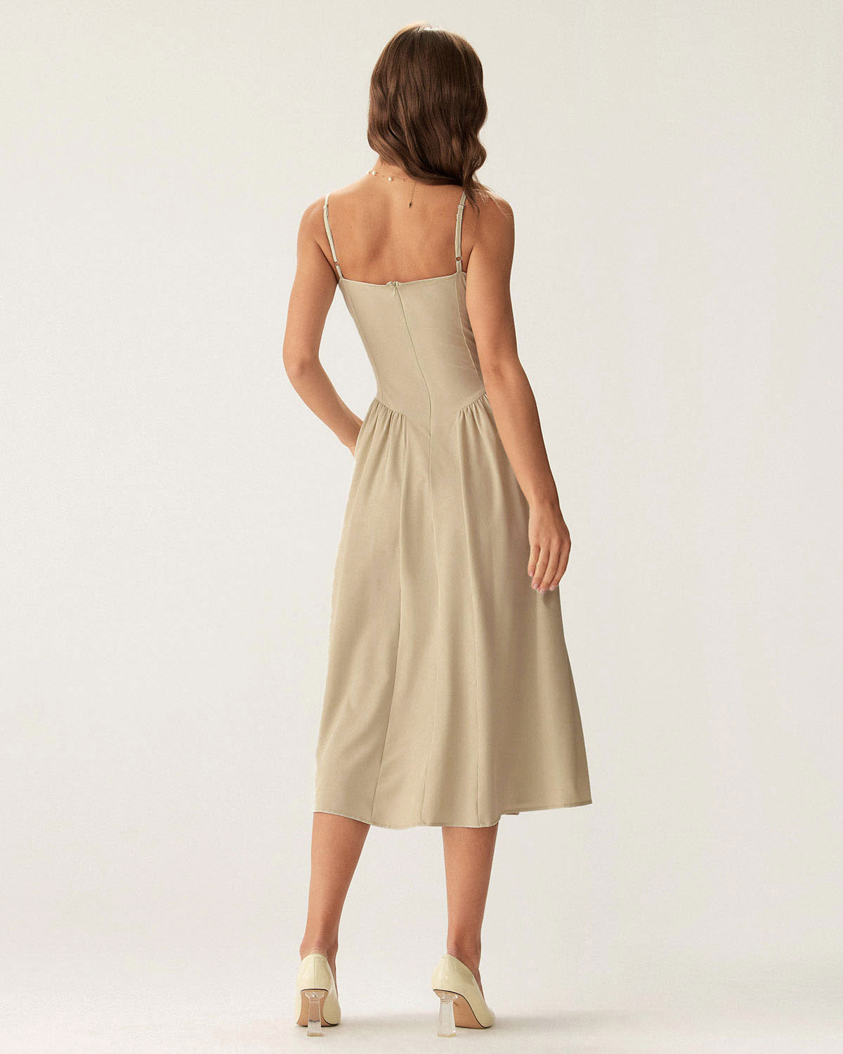 Khaki Square Neck Pocket Slip Midi Dress - Threadford
