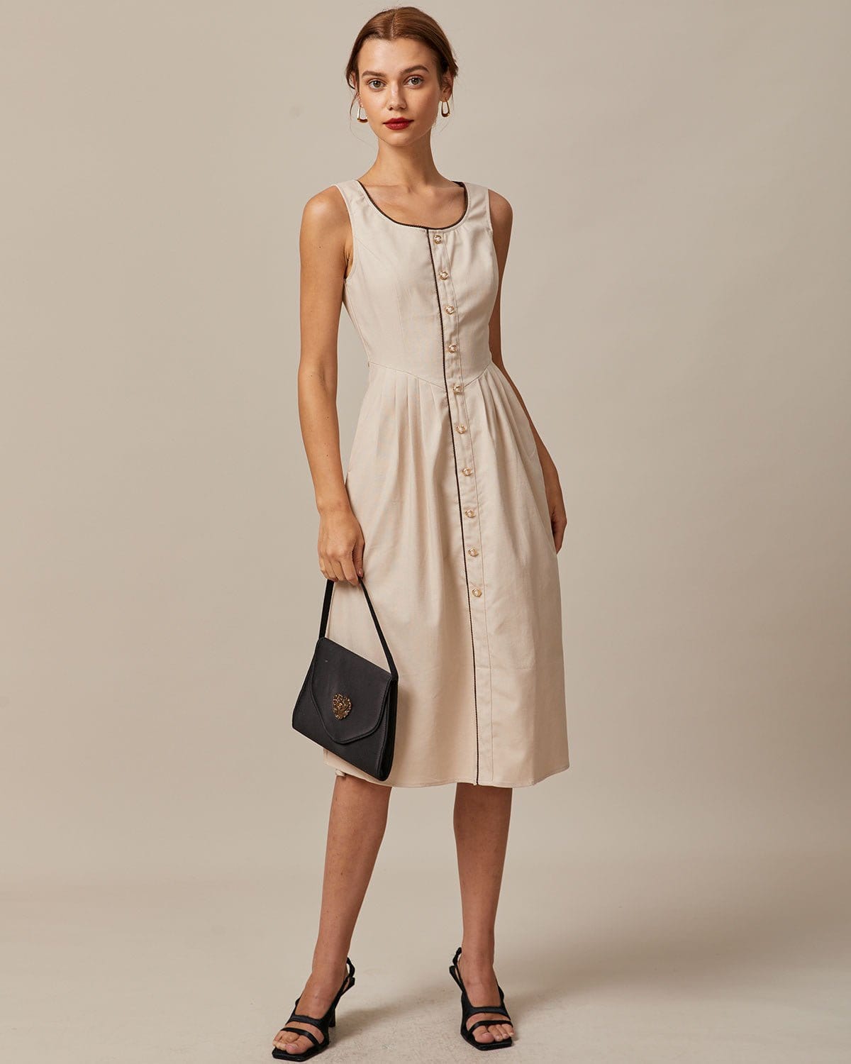 The Khaki Round Neck A-Line Midi Dress - Threadford