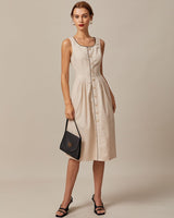 The Khaki Round Neck A-Line Midi Dress - Threadford