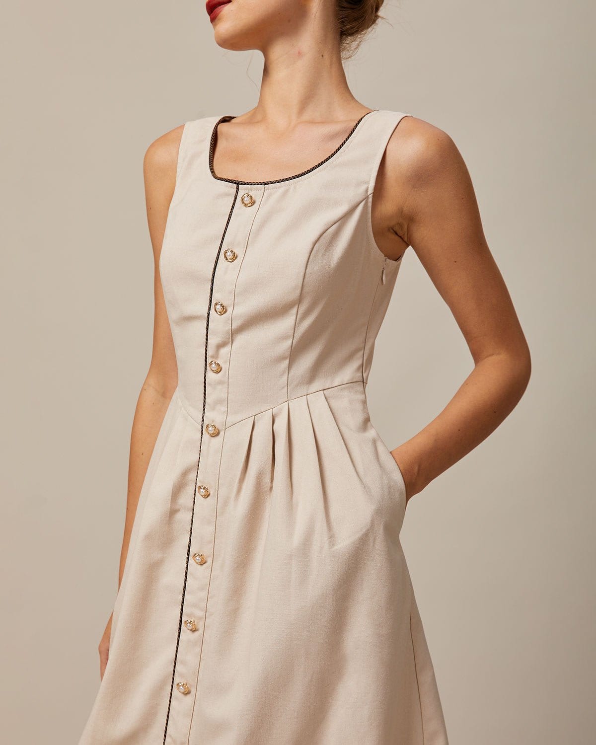 The Khaki Round Neck A-Line Midi Dress - Threadford