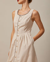 The Khaki Round Neck A-Line Midi Dress - Threadford