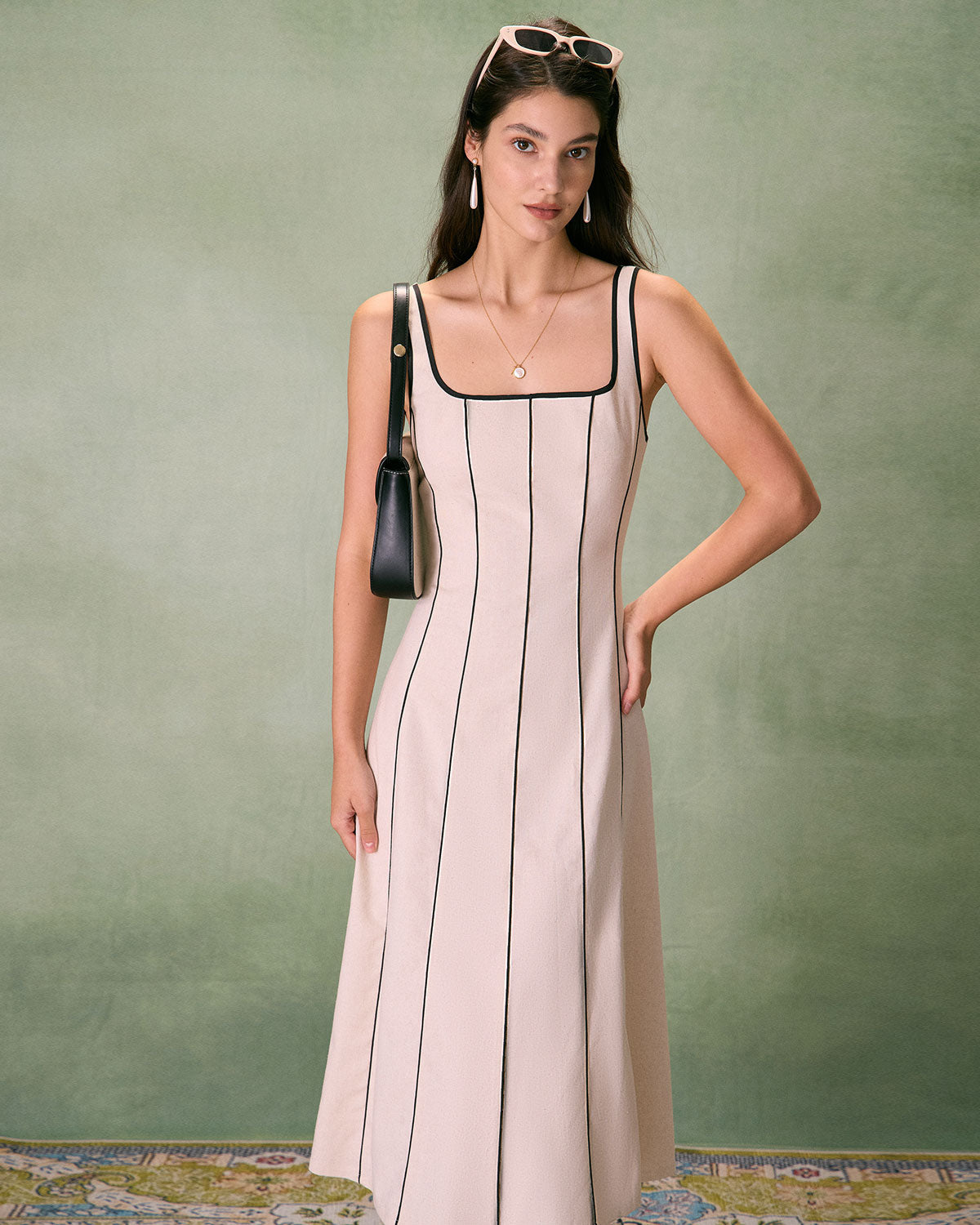 The Khaki Square Neck Contrast Midi Dress - Threadford