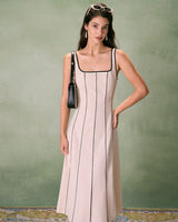 The Khaki Square Neck Contrast Midi Dress - Threadford