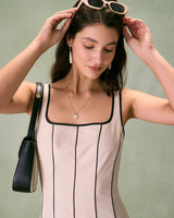 The Khaki Square Neck Contrast Midi Dress - Threadford